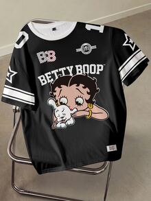 Betty Boop x SHEIN 男士夏季休閒卡通印花T恤 - 白色 - 查看 1