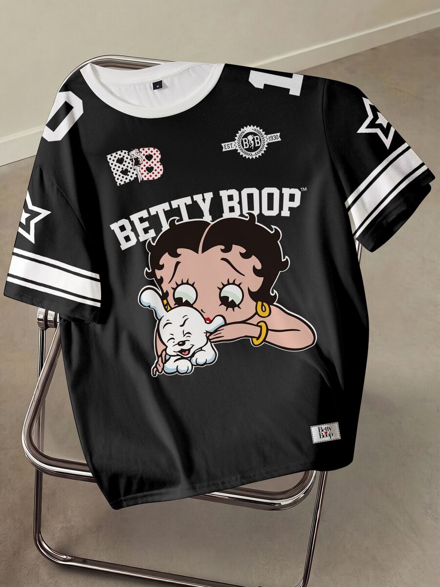 Betty Boop x SHEIN 男士夏季休閒卡通印花T恤 - 白色 - 查看 1