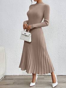 SHEIN Orluneo Plain Color Stand Collar Long Sweater Dress, Casual Autumn/Winter Fall Cloth For Women - Khaki - View 4