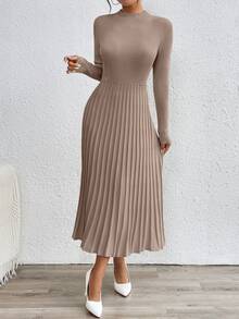 SHEIN Orluneo Plain Color Stand Collar Long Sweater Dress, Casual Autumn/Winter Fall Cloth For Women - Khaki - View 3