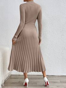 SHEIN Orluneo Plain Color Stand Collar Long Sweater Dress, Casual Autumn/Winter Fall Cloth For Women - Khaki - View 2