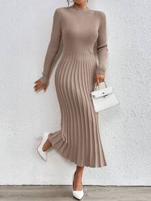 SHEIN Orluneo Plain Color Stand Collar Long Sweater Dress, Casual Autumn/Winter Fall Cloth For Women - Khaki - View 6