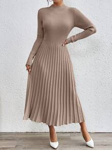 SHEIN Orluneo Plain Color Stand Collar Long Sweater Dress, Casual Autumn/Winter Fall Cloth For Women - Khaki - View 7