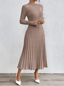 SHEIN Orluneo Plain Color Stand Collar Long Sweater Dress, Casual Autumn/Winter Fall Cloth For Women - Khaki - View 5
