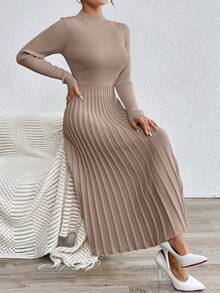 SHEIN Orluneo Plain Color Stand Collar Long Sweater Dress, Casual Autumn/Winter Fall Cloth For Women - Khaki - View 8