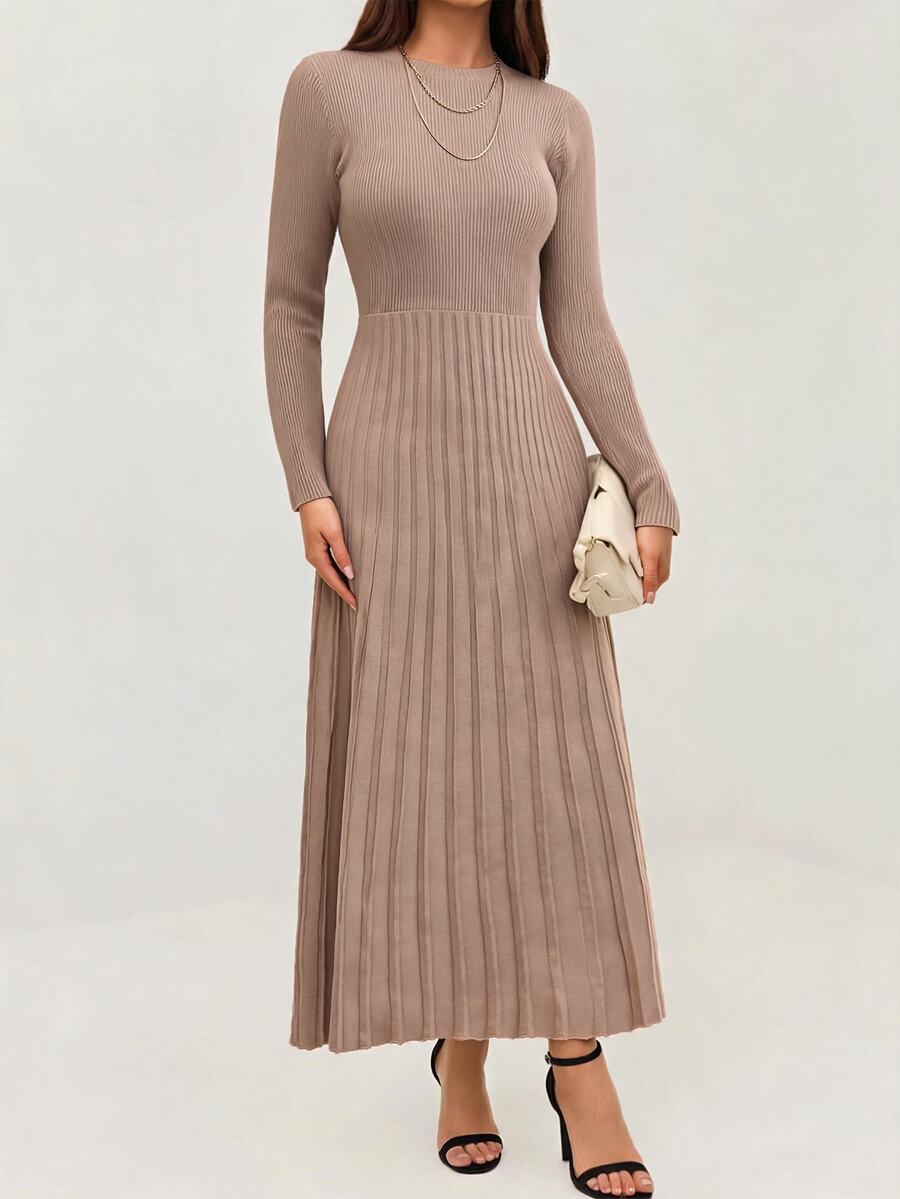 SHEIN Orluneo Plain Color Stand Collar Long Sweater Dress, Casual Autumn/Winter Fall Cloth For Women - Khaki - View 1
