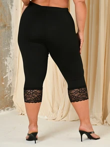 Lele Munniz Plus Size Black Casual Leggings,Summer Smart Casual Gym Pants,Lace Hem Splice Capri Length,Breathable Soft Knit For Yoga,Pilates & Everyday Wear - Black - View 3