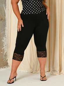 Lele Munniz Plus Size Black Casual Leggings,Summer Smart Casual Gym Pants,Lace Hem Splice Capri Length,Breathable Soft Knit For Yoga,Pilates & Everyday Wear - Black - View 5