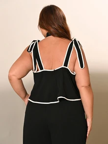 Lele Munniz 2pcs Contrast Color Fashionable Commuter Plus Size Women Camisole And Pants Set - Black - View 2