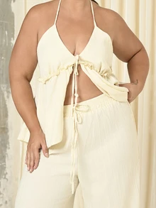 Lele Munniz Plus Size Sweetheart Women's Romantic Spaghetti Strap Strap Top With Belt Detail And Ruffle Trim + Sweetheart Romantic Casual Elastic Waist Textured Long Pants 2-Piece Set - Apricot - View 6