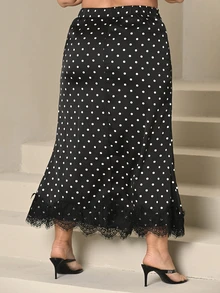 Lele Munniz Elegant Retro Polka Dot Design French Style Fishtail Maxi Skirt, Lace Hem Sexy Classic Versatile Office Lady Skirt - Black and White - View 2