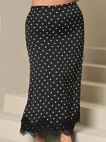 Lele Munniz Elegant Retro Polka Dot Design French Style Fishtail Maxi Skirt, Lace Hem Sexy Classic Versatile Office Lady Skirt - Black and White - View 5