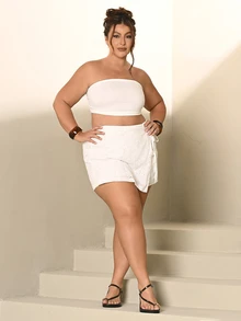 Lele Munniz Plus Size Women White Summer Boho Beach Holiday Lace-Up Asymmetric Embroidered Skort, Elastic Waist , Party - White - View 6