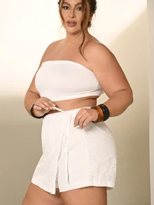 Lele Munniz Plus Size Women White Summer Boho Beach Holiday Lace-Up Asymmetric Embroidered Skort, Elastic Waist , Party - White - View 5