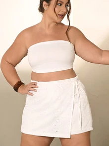 Lele Munniz Plus Size Women White Summer Boho Beach Holiday Lace-Up Asymmetric Embroidered Skort, Elastic Waist , Party - White - View 4