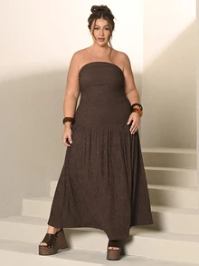 Lele Munniz Plus Size Brown Solid Minimalist Casual Tube Dress - Brown - View 4