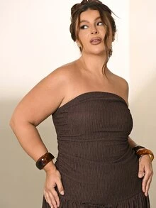Lele Munniz Plus Size Brown Solid Minimalist Casual Tube Dress - Brown - View 6