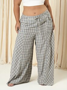 Lele Munniz Plus Size Women Contrast Lace Polka Dot Print Ruffle Waist Tie Pants Fall - Green - View 6