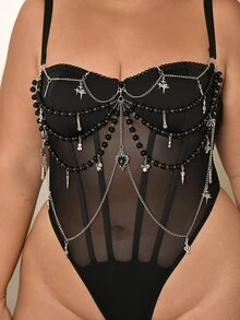 Lele Munniz Plus Size Women's Fitted Sexy Spaghetti Strap Chain Decor Bodysuit, Suitable For Music Festivals, Spring/Summer Wear - Black - View 6