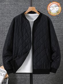 SHEIN Teen Boy Teen Boys' Black Casual Basic Zip-Up Quilted Bomber Winter Jacket - Black - View 2