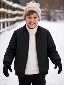 SHEIN Teen Boy Teen Boys' Black Casual Basic Zip-Up Quilted Bomber Winter Jacket - Black - View 1