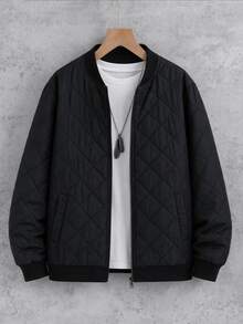 SHEIN Teen Boy Teen Boys' Black Casual Basic Zip-Up Quilted Bomber Winter Jacket - Black - View 4
