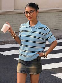 Muchica 女款休閒海軍藍 Polo 領短袖針織上衣，夏季度假穿搭，外出早午餐，可愛學院風襯衫 - 彩色 - 查看 3