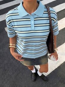 Muchica 女款休閒海軍藍 Polo 領短袖針織上衣，夏季度假穿搭，外出早午餐，可愛學院風襯衫 - 彩色 - 查看 4