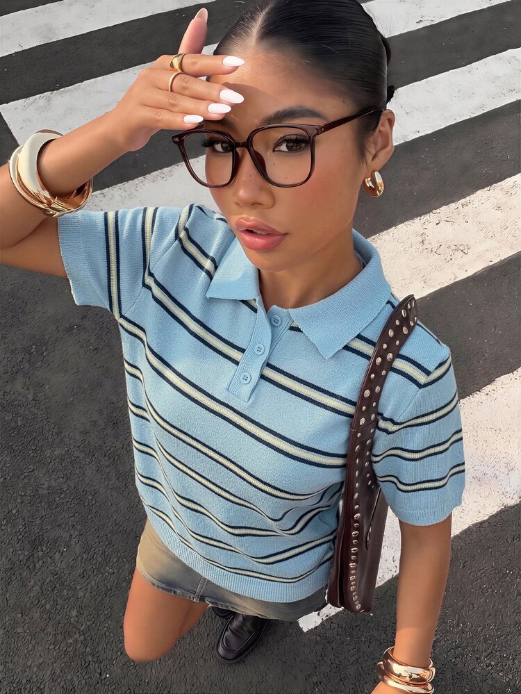 Muchica Women's Casual Striped Polo Collar Short Sleeve Knit Top, Spring Break Outfit, Women's Going Out Top, Cute Preppy Style Top, Cute Short Sleeve Top, Striped Top, Striped Shirt - Multicolor - View 1