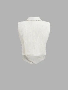 SHEIN MOD 女款雙排扣翻領背心西裝外套，秋冬款，優雅正式辦公穿搭，返校季，提花布料 - 杏色 - 查看 4