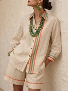 SHEIN LUNE Minimalist Tropical Casual Vacation Daily Commute Old Money Style Shirt Shorts Pockets Textured Fabric Spring Summer Autumn Beige Set - Apricot - View 1