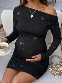 SHEIN Maternity Solid Color Asymmetric Neck Long Sleeve Glitter Fitted Fashion Dress Fall - Black - View 1