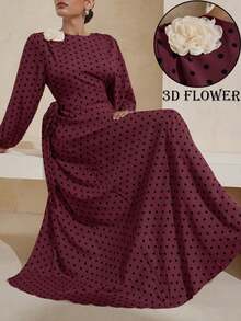 Modelyn Plus Size Cinched Ruched Polka Dot 3D Floral Decor Elastic Sleeve Dress - Red - View 1