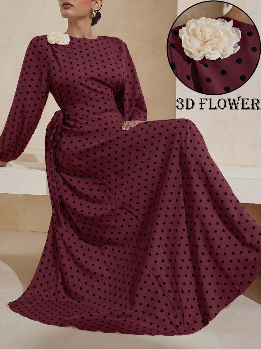 Modelyn Plus Size Cinched Ruched Polka Dot 3D Floral Decor Elastic Sleeve Dress - Red - View 1