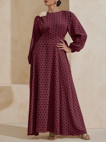 Modelyn Plus Size Cinched Ruched Polka Dot 3D Floral Decor Elastic Sleeve Dress - Red - View 6