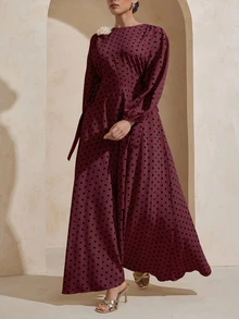 Modelyn Plus Size Cinched Ruched Polka Dot 3D Floral Decor Elastic Sleeve Dress - Red - View 3