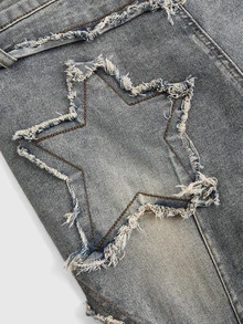 SHEIN x PRISCILA & JIMENA ROMWE Grunge Punk Y2k Style Street Style Tight-Fit Denim Flared Pants With Star Patches And Frayed Hems, School - Blue - View 4