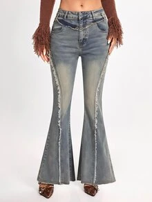 SHEIN x PRISCILA & JIMENA ROMWE Grunge Punk Y2k Style Street Style Tight-Fit Denim Flared Pants With Star Patches And Frayed Hems, School - Blue - View 3