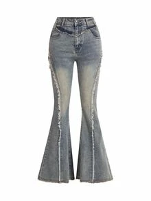 SHEIN x PRISCILA & JIMENA ROMWE Grunge Punk Y2k Style Street Style Tight-Fit Denim Flared Pants With Star Patches And Frayed Hems, School - Blue - View 1
