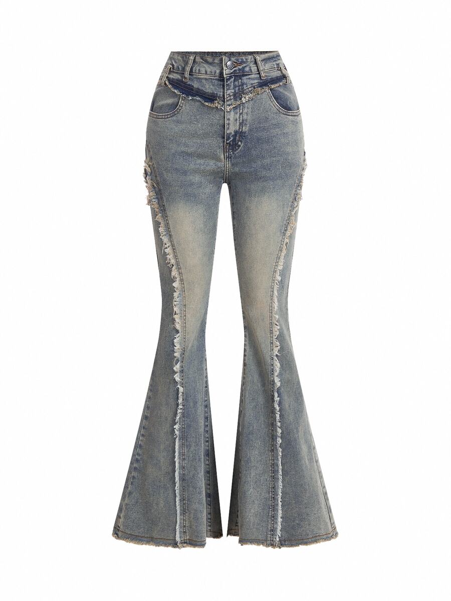 SHEIN x PRISCILA & JIMENA ROMWE Grunge Punk Y2k Style Street Style Tight-Fit Denim Flared Pants With Star Patches And Frayed Hems, School - Blue - View 1
