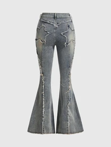 SHEIN x PRISCILA & JIMENA ROMWE Grunge Punk Y2k Style Street Style Tight-Fit Denim Flared Pants With Star Patches And Frayed Hems, School - Blue - View 2