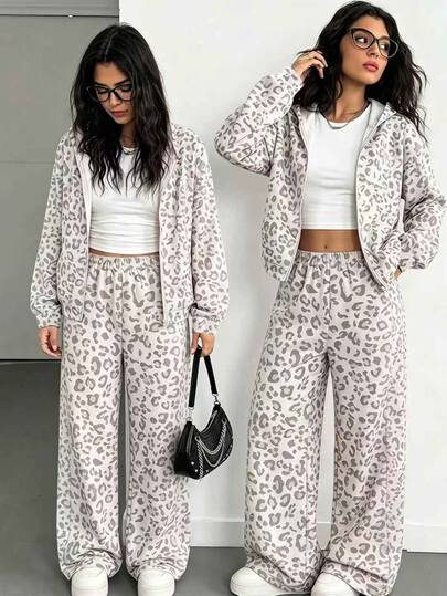 SHEIN Sparklyn طقم 3 قطع للبنات المراهقات: سويت شيرت بغطاء رأس وأكمام طويلة وسحاب، توب كاجوال بطبعة نمر بألوان فاتحة، وبنطلون مستقيم الساق بخصر مطاطي، ملابس كاجوال للارتداء اليومي في الخريف