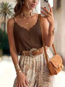 SHEIN Holidaya French Casual Lace Patchwork Spaghetti Strap Elegant Women's Tank Top - Brown - View 5