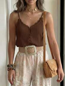 SHEIN Holidaya French Casual Lace Patchwork Spaghetti Strap Elegant Women's Tank Top - Brown - View 6