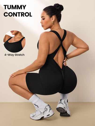 Rhythm Era 1pc Women Plus Size Seamless U-Neck Criss-Cross Twist Back Sports Jumpsuit, Yoga Fitness Exercise Activewear