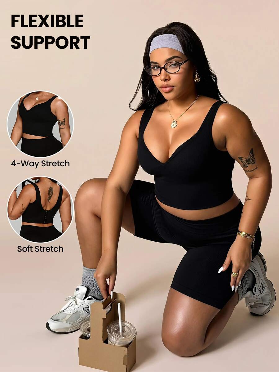 SHEIN Rhythm Era Áo ngực thể thao thoải mái, tối giản, không lưng dành cho nữ cỡ lớn màu đen. - màu đen - Xem 1