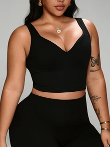 SHEIN Rhythm Era Áo ngực thể thao thoải mái, tối giản, không lưng dành cho nữ cỡ lớn màu đen. - màu đen - Xem 5