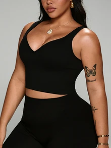 SHEIN Rhythm Era Áo ngực thể thao thoải mái, tối giản, không lưng dành cho nữ cỡ lớn màu đen. - màu đen - Xem 3