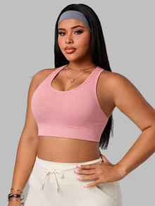 SHEIN Rhythm Era Plus Size Solid Color Tank Style Sports Bra Gym Sports Dusty Pink Summer - Pink - View 4
