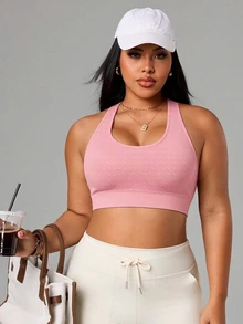 SHEIN Rhythm Era Plus Size Solid Color Tank Style Sports Bra Gym Sports Dusty Pink Summer - Pink - View 3